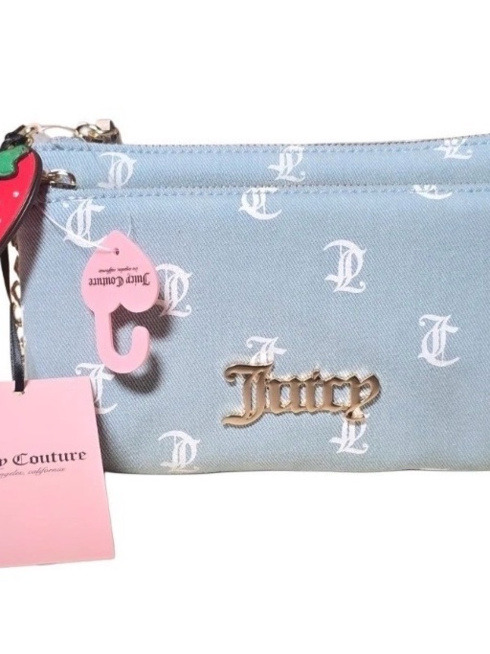 Juicy Couture Light Blue Double-Zip Monogram Wristlet 🍓